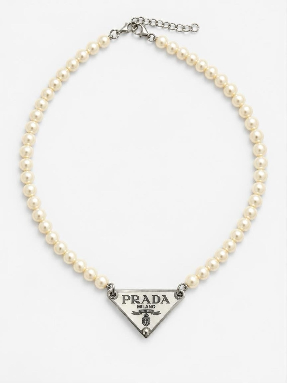 Repurposed authentic Prada Necklace with Triangle Logo Plaque - Ivory and Silver